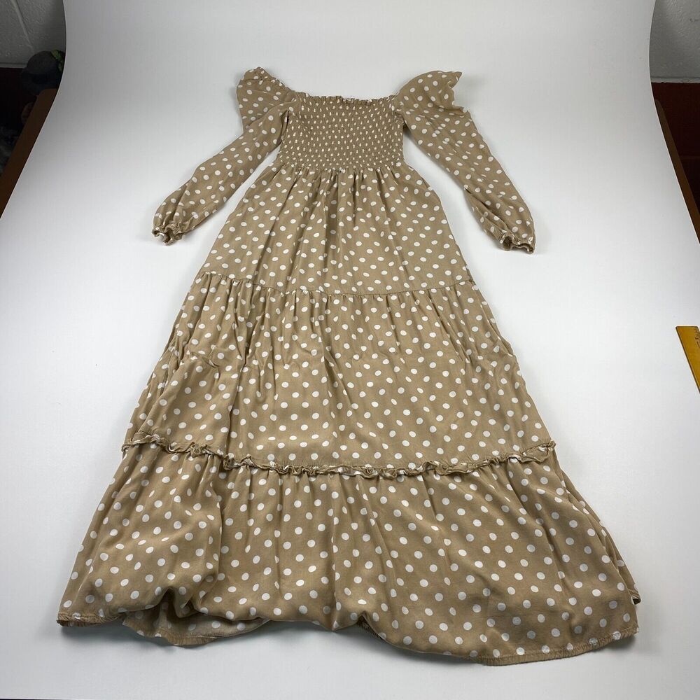 Anthropologie Dolan Dress Left Coast Womens Smocked Midi Polka Dot Small Beige - Picture 6 of 11